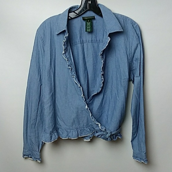 VINTAGE 90S LAUREN JEANS COMPANY RUFFLED CHAMBRAY - Picture 2 of 6